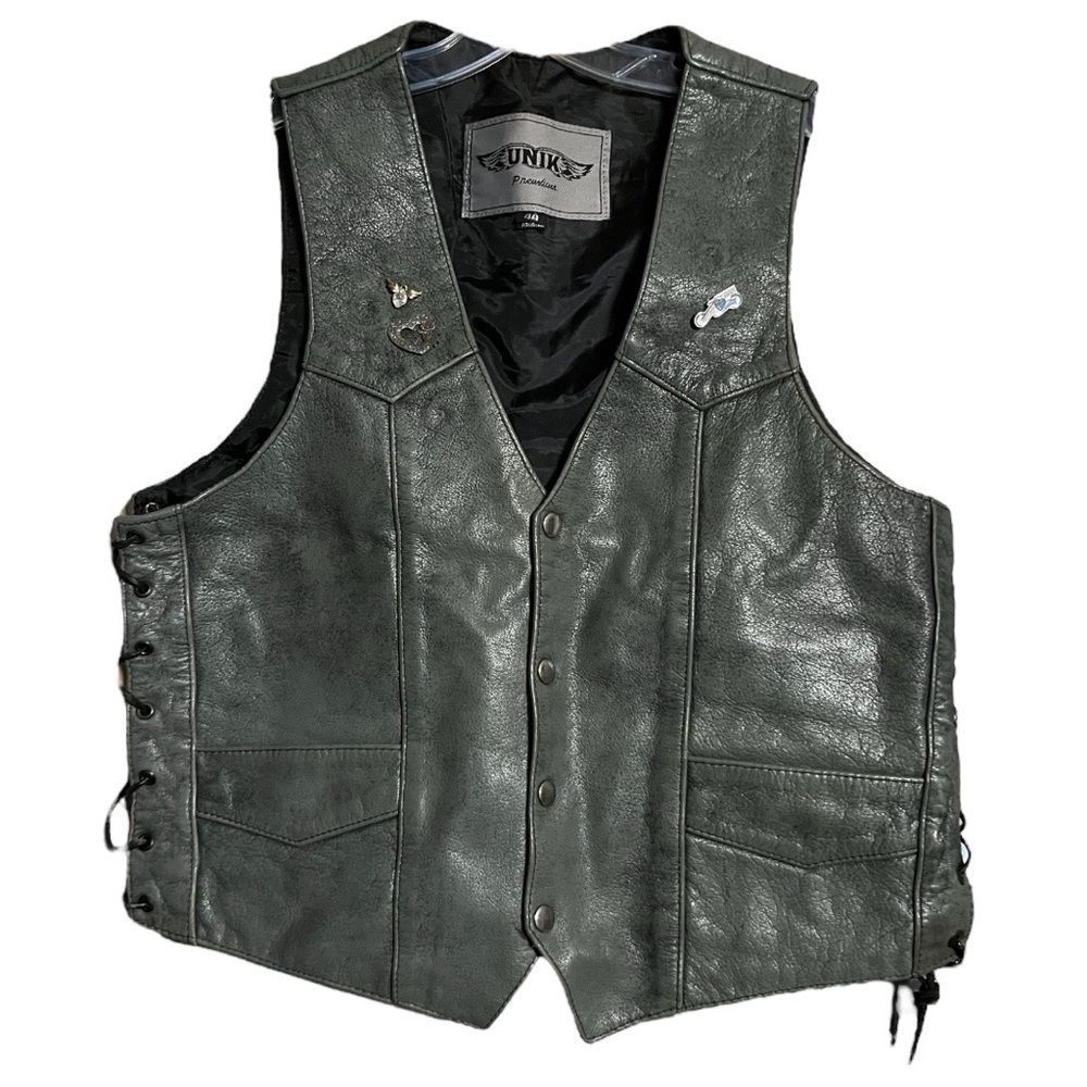 Unik Gray Leather Side Tie Silver Snap Motorcycle Vest Sz 40/L
